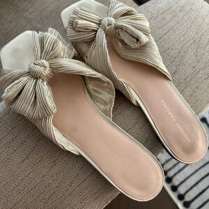 Women’s SIZE 12 Loeffler Randal Daphne Platinum Pleated Bow Sandal - SIZE 12